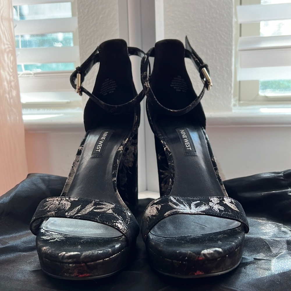 Black And Gold Floral Block Heel